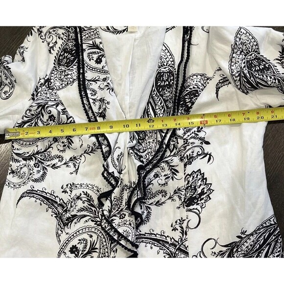 CHICOS Jacket 2 Large Black White Linen Blend Open Blazer Floral Paisley Drape - Picture 7 of 8